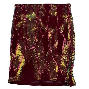 Haute Monde Sequin Mini Skirt Womens M Burgundy Gold Iridescent Y2K Party Glam